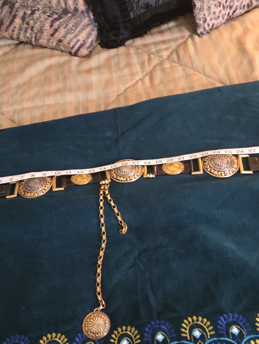 Gold Medallion Chain Belt W/Black Leather
